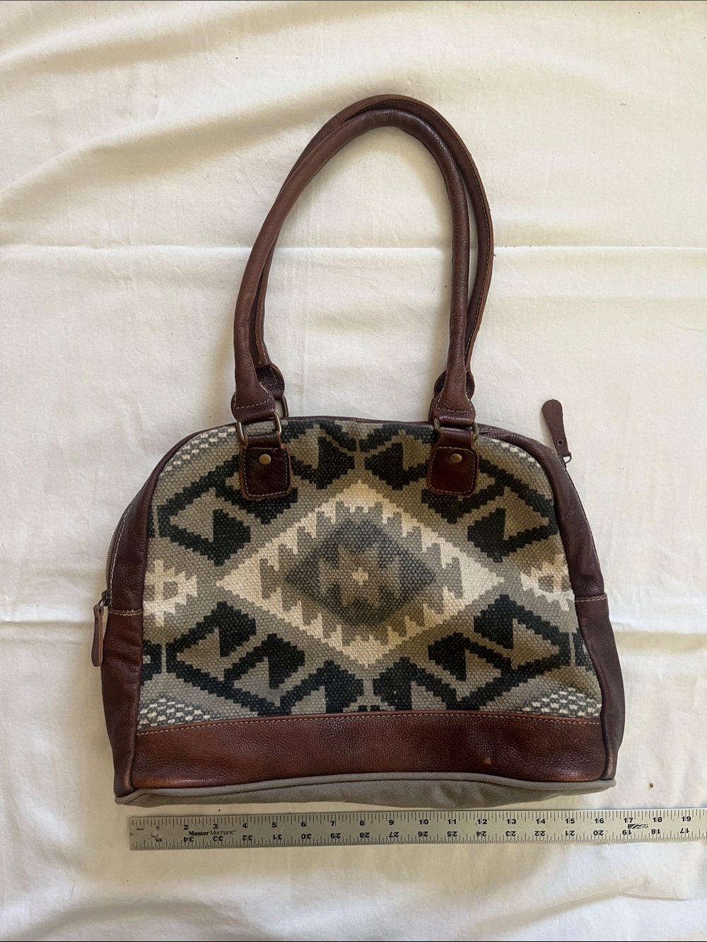 Myra Bag Brown Leather Messenger with Printed Lining and long handles - Picture 3 of 6